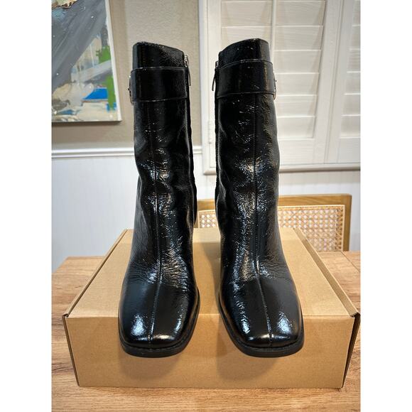 Nine West Tartess Black Boot Leather Size 8 Lightly Worn Square Toe Strap Detail - Picture 4 of 12